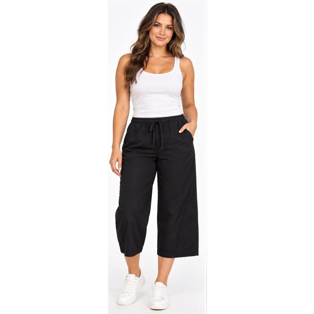 GAP Womens Petite XS Black Cropped Wide-Leg Pants Drawstring Elastic Pockets